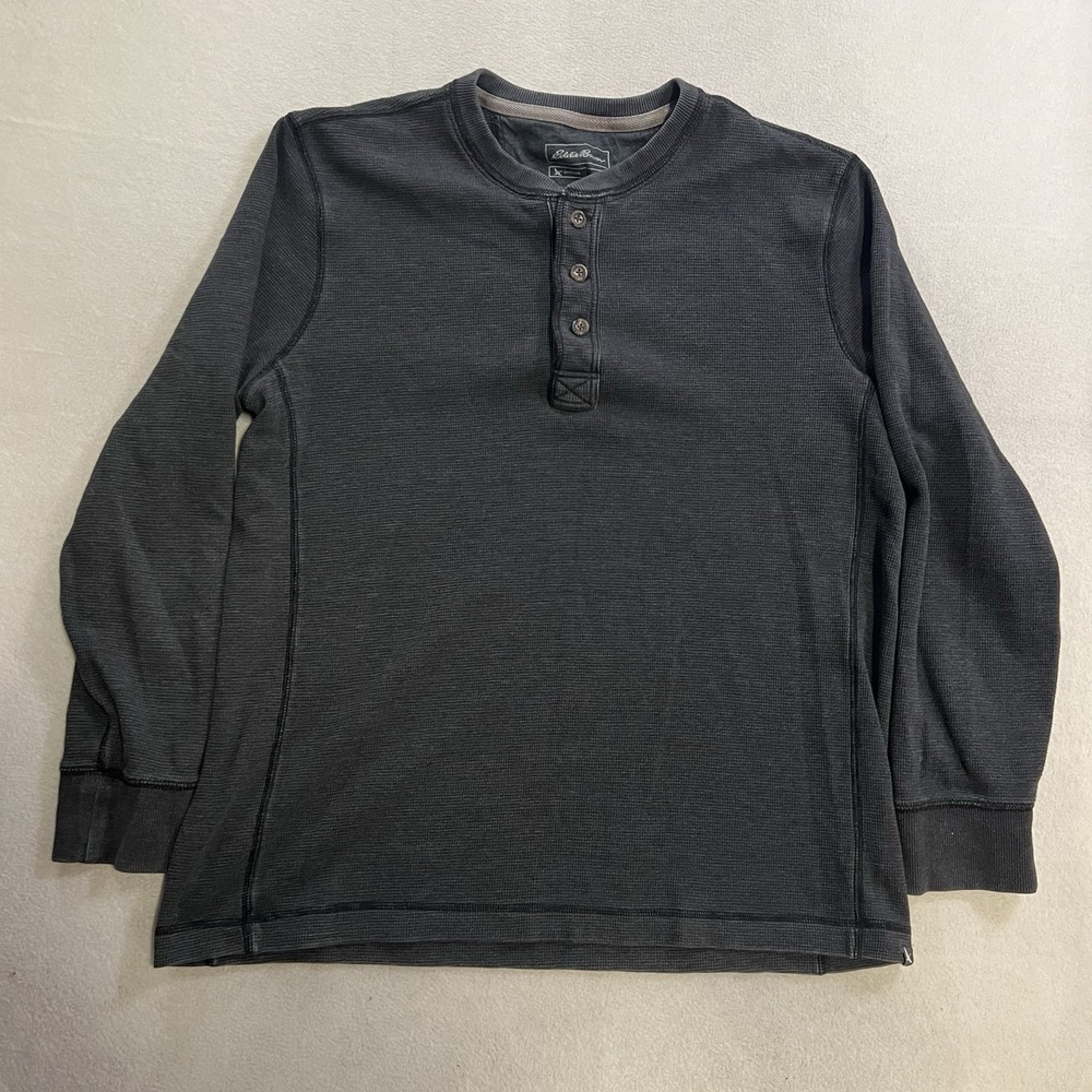 Eddie Bauer Thermal Henley Shirt Mens Size XLT Gray Long Sleeve Waffle Knit Tee